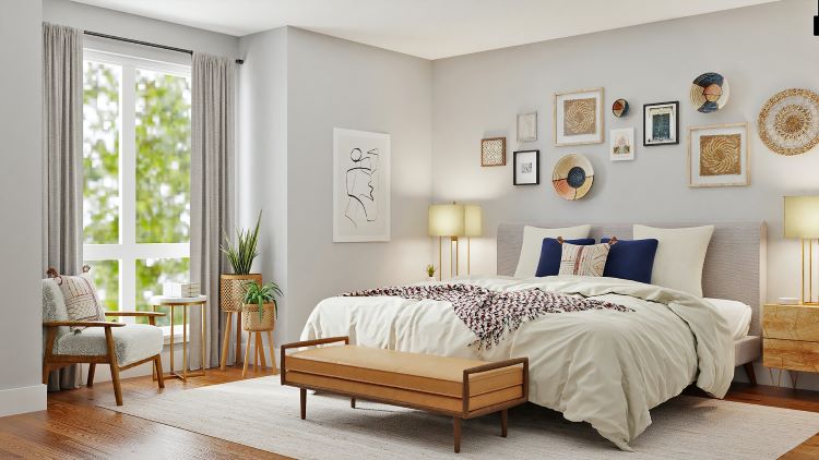 A blue and neutrally decorated bedroom