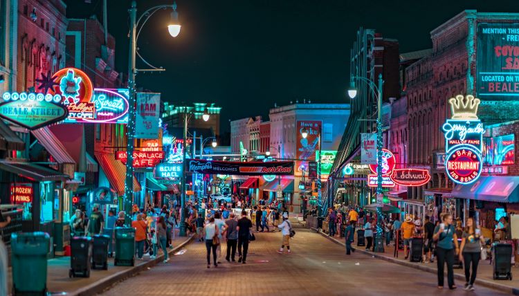 Nightlife scene of a street with bars etc.