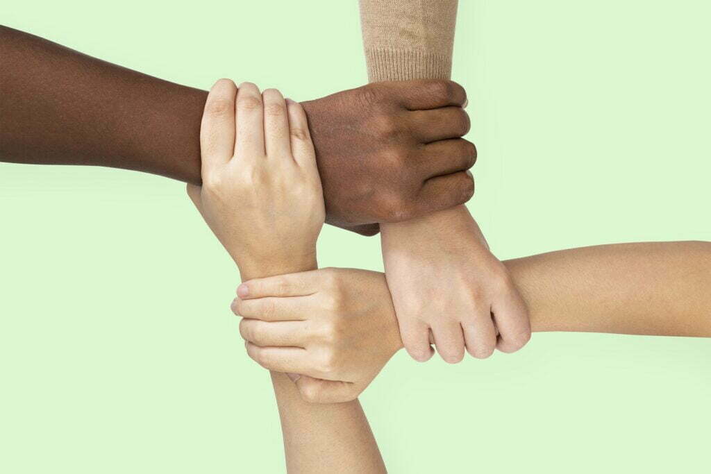Diverse hands united mockup psd community care gesture