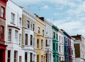 View of colourful houses in a street in London