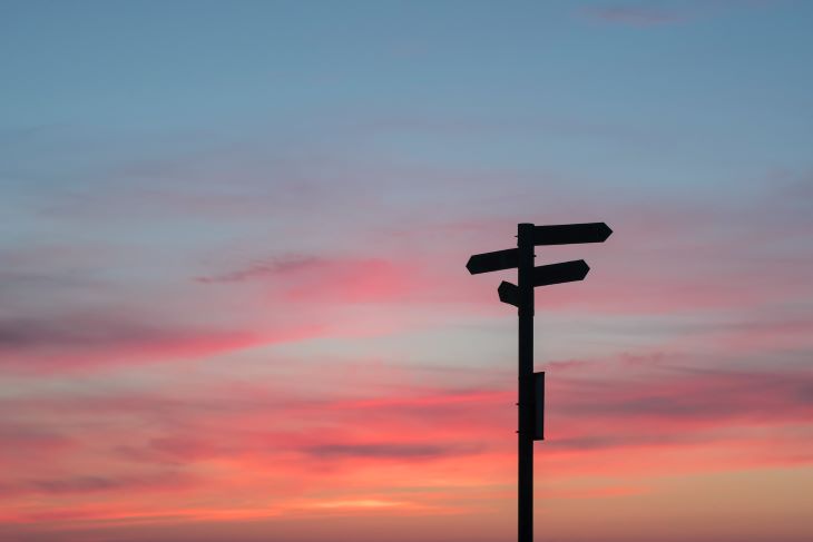 A signpost with multiple arrows silhouetted against a sunset
