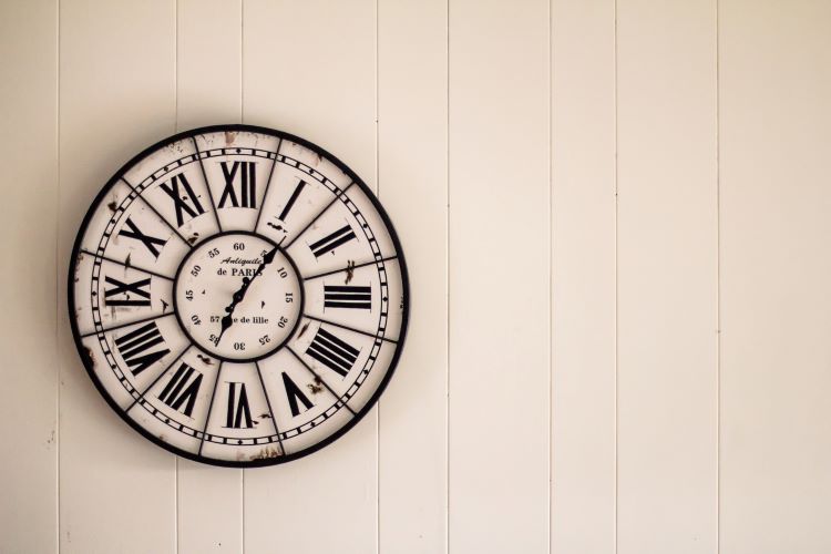 A clock with roman numerals on a panelled wall