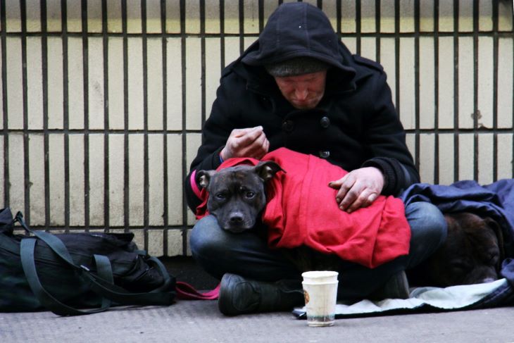 A homeless man and dog