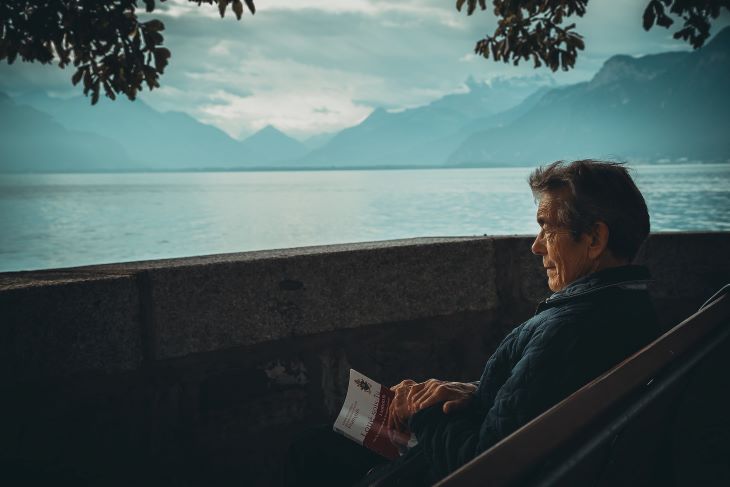 An older man looking wistfully over a mountainous scene