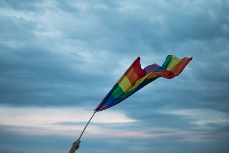 A pride flag flown against a grey sky