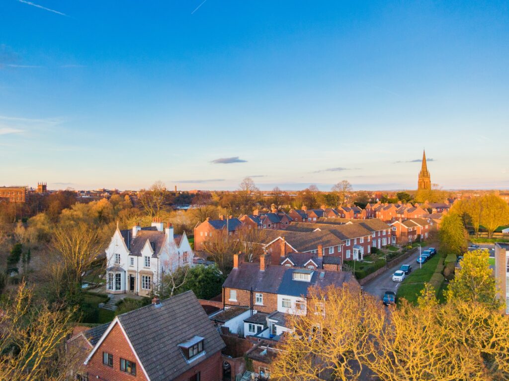 Cheshire church and houses from an aerial view