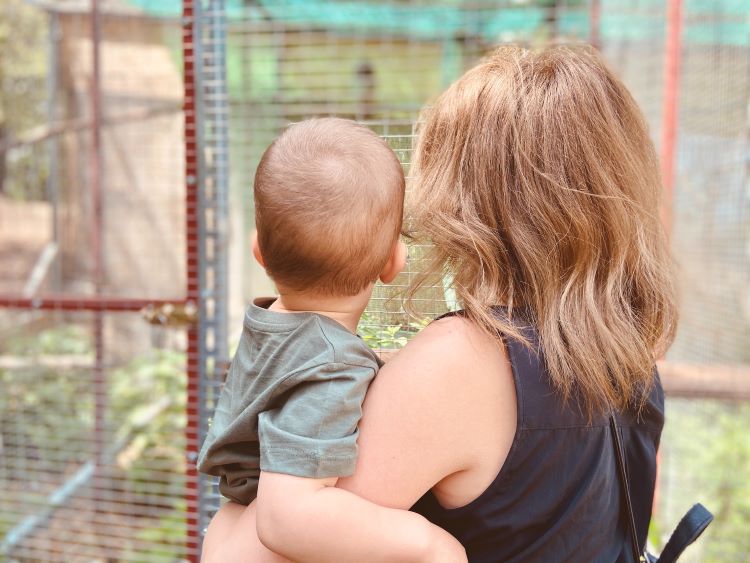 A mother carrying a baby looking towards a building in Warwickshire