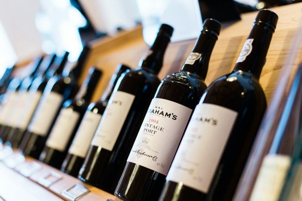 Red wine bottles stacked